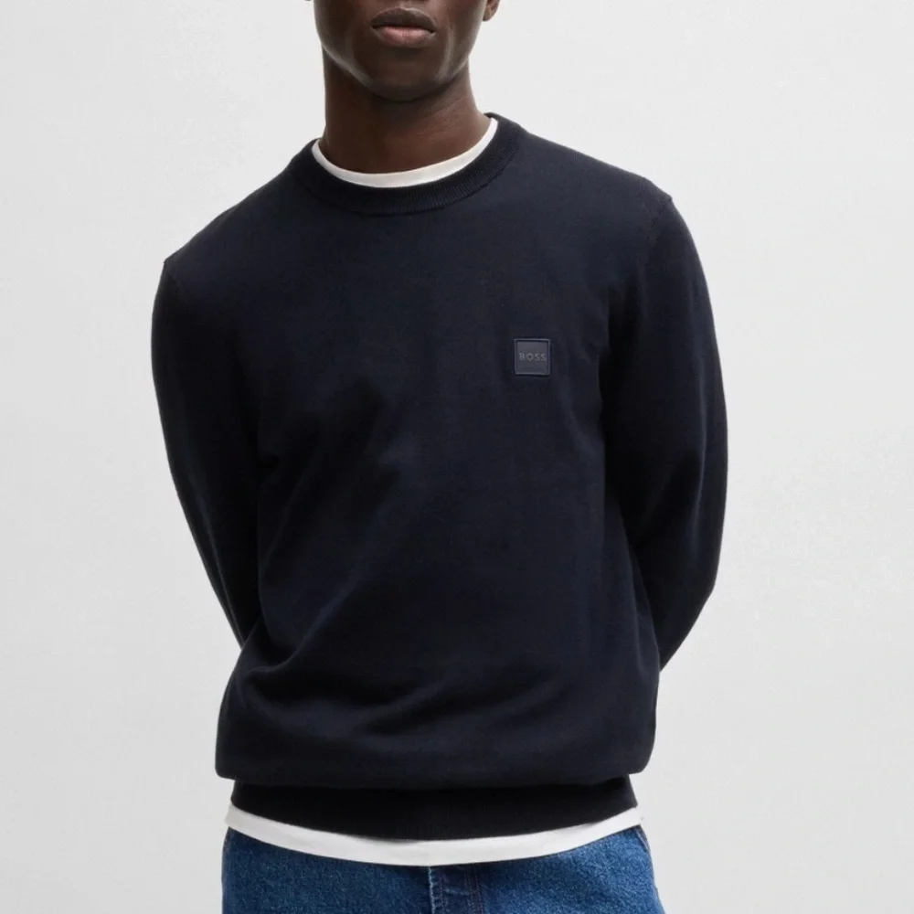 BOSS Logo-Label Sweater Cotton and Cashmere Dark Blue Size Large